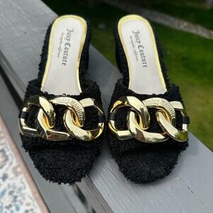Juicy‎ Couture Black Furry Slip On Heels With Gold Chain Size 7.5